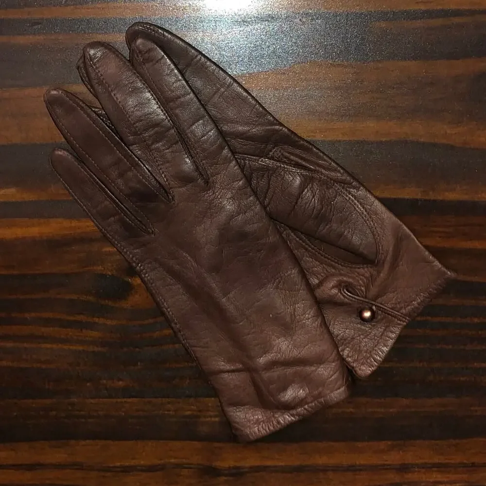 Vintage Van Raalte 100% Silk Brown Short Pair of Gloves Button Closure Formal